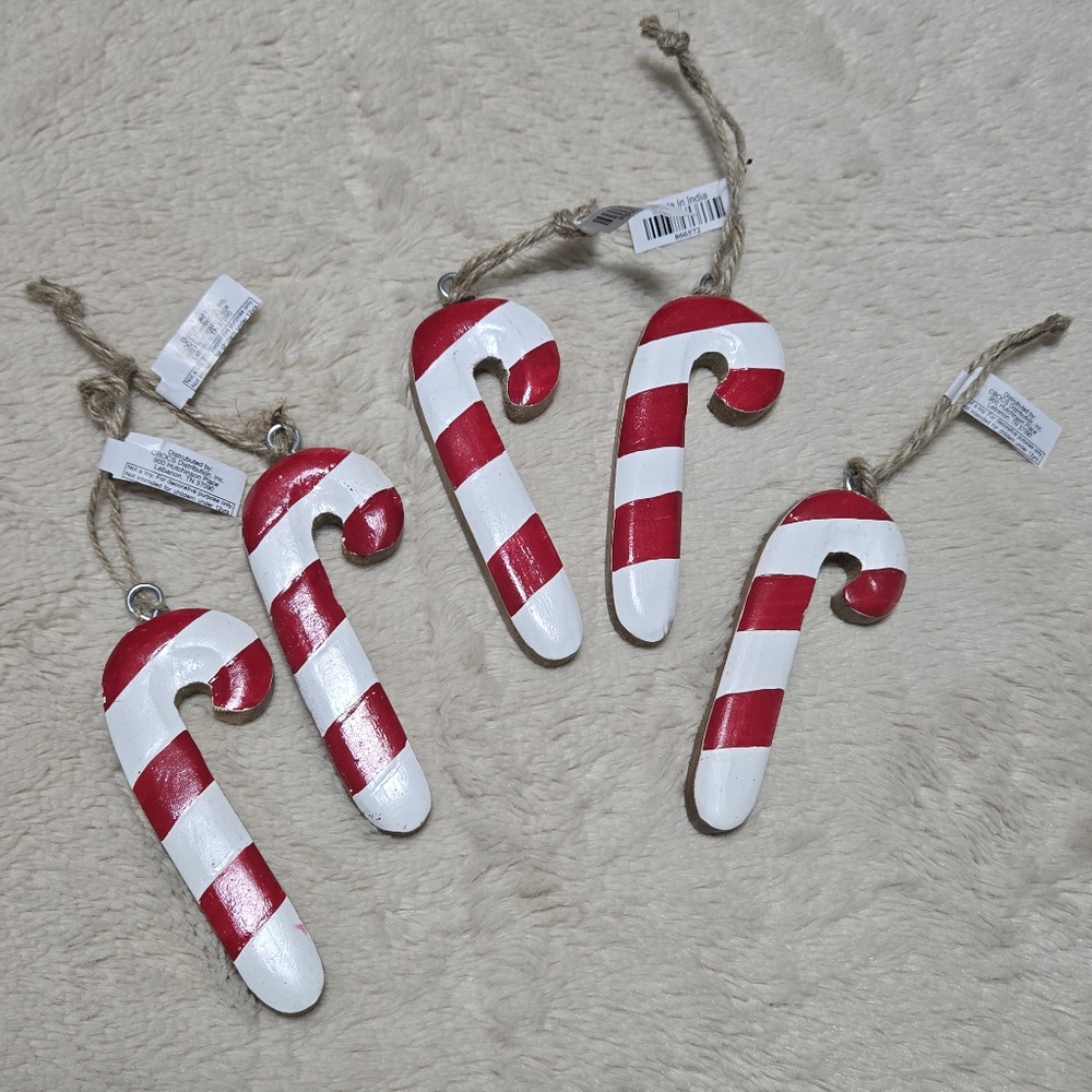 Primitive/Distressed Wooden Candy Canes ~5 pc set christmas tree ornaments NEW
